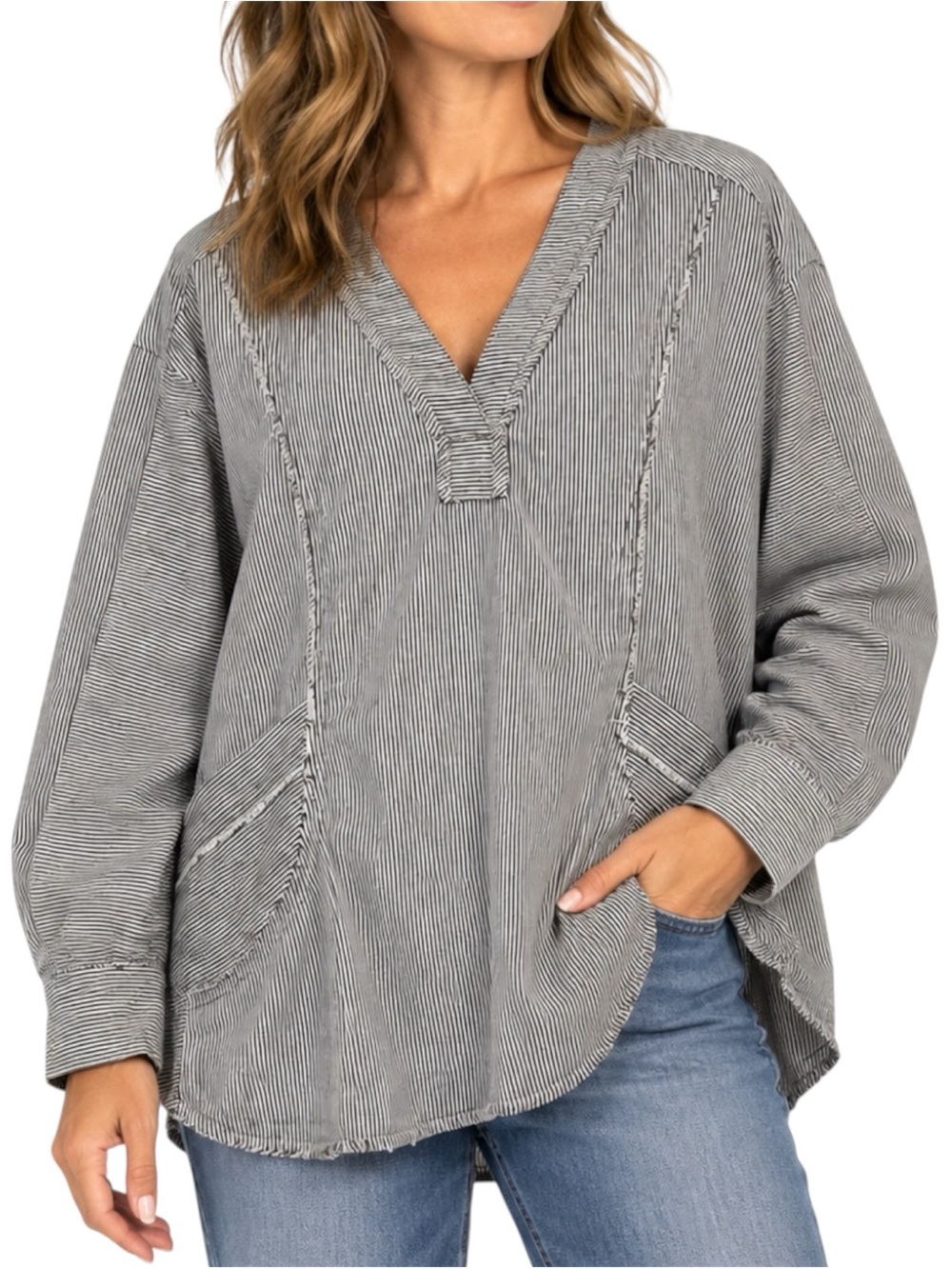 SHEIN Women Medium Brown White Pinstripe Oversized V Neck Pocket Tunic Top